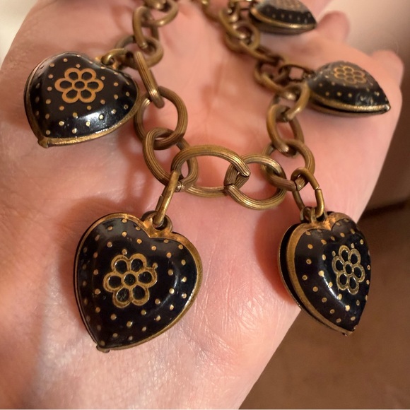 Antique Victorian revival art deco Brass Black enamel Heart Charm bracelet - Picture 4 of 17